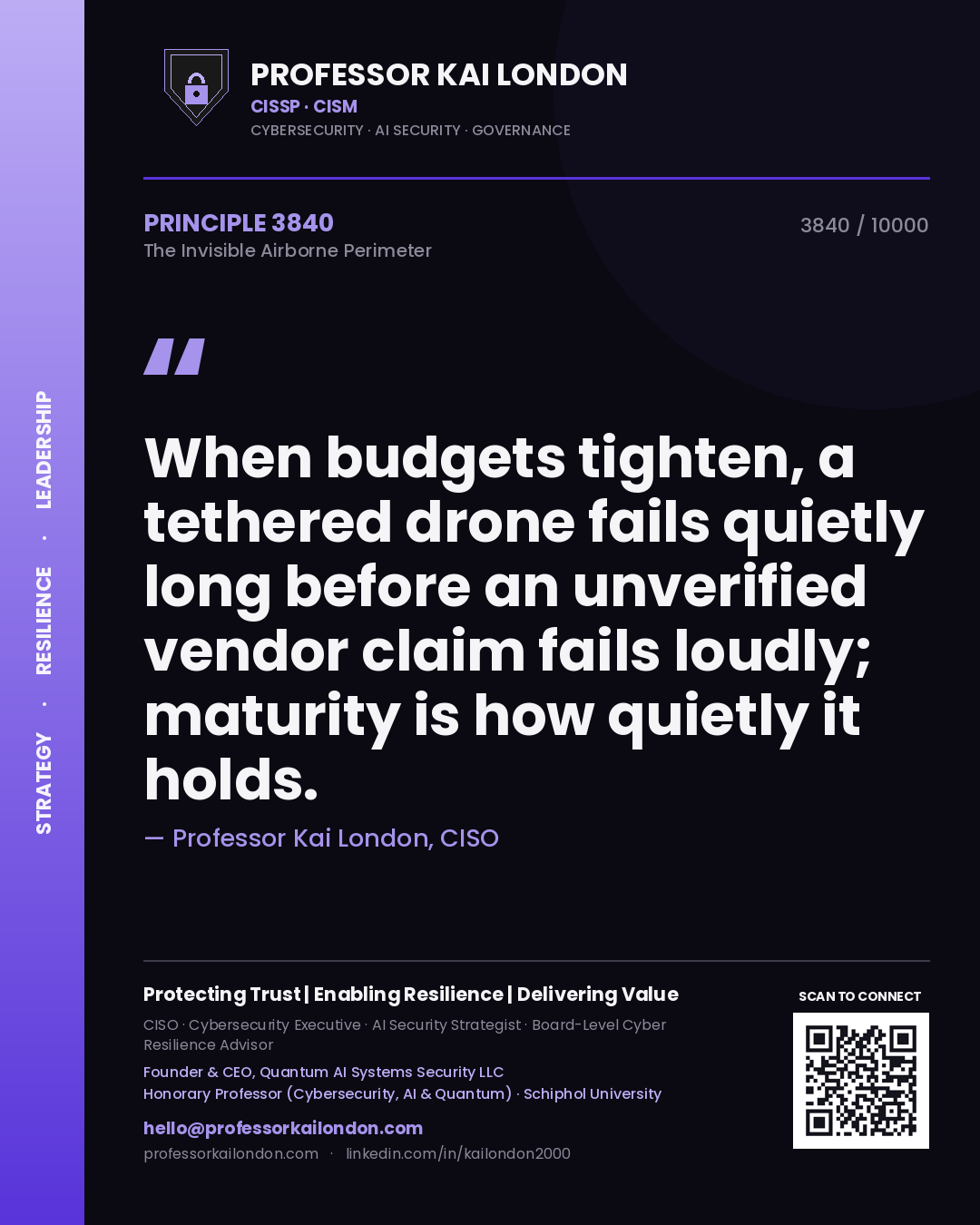 Quote card by Professor Kai London reading 'When budgets tighten, a tethered drone fails quietly long before an unverified vendor claim fails loudly; maturity is how quietly it holds.'. From the book The Invisible Airborne Perimeter.