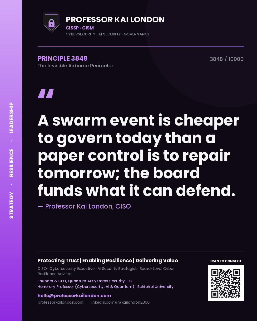 Quote card by Professor Kai London reading 'A swarm event is cheaper to govern today than a paper control is to repair tomorrow; the board funds what it can defend.'. From the book The Invisible Airborne Perimeter.