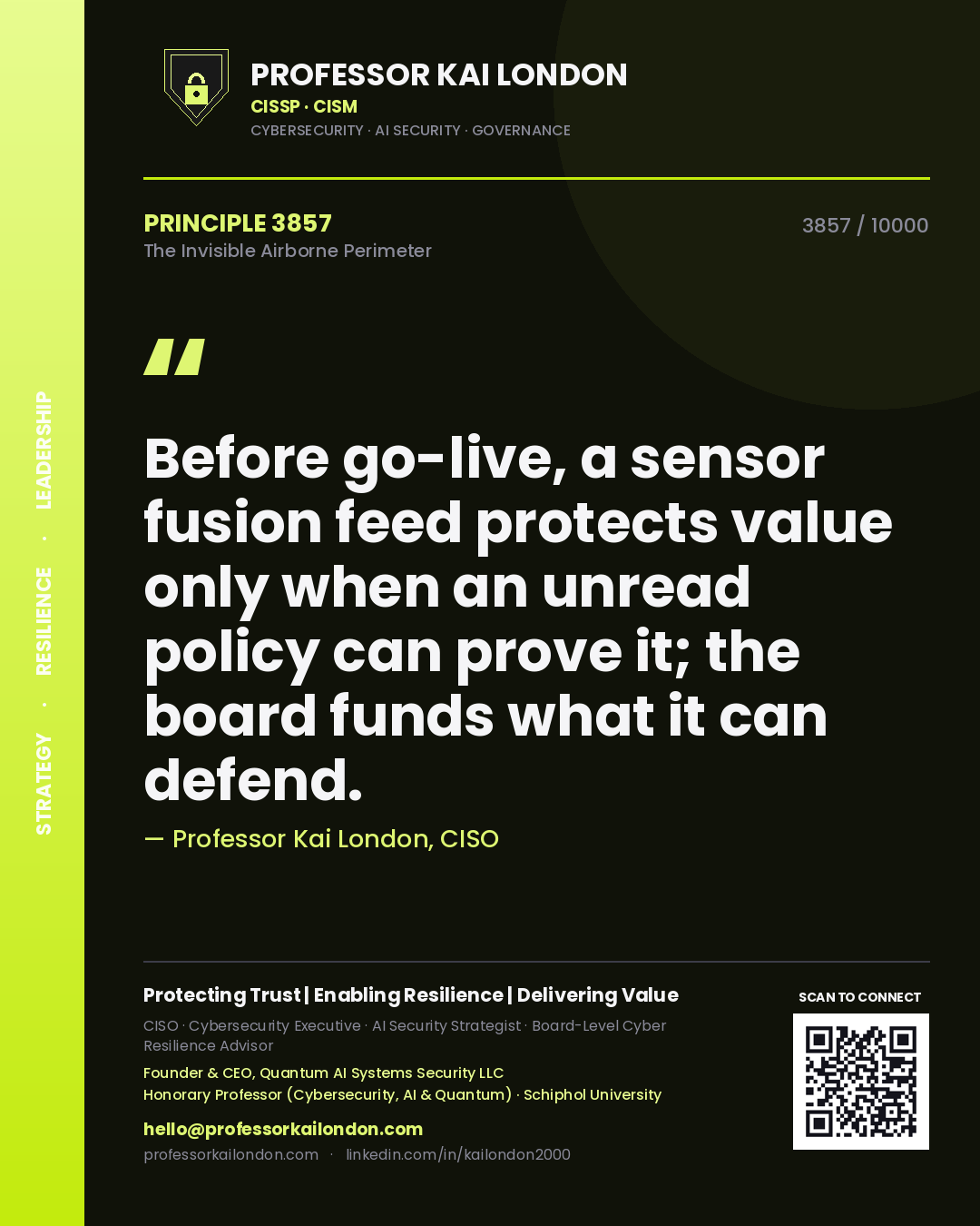 Quote card by Professor Kai London reading 'Before go-live, a sensor fusion feed protects value only when an unread policy can prove it; the board funds what it can defend.'. From the book The Invisible Airborne Perimeter.