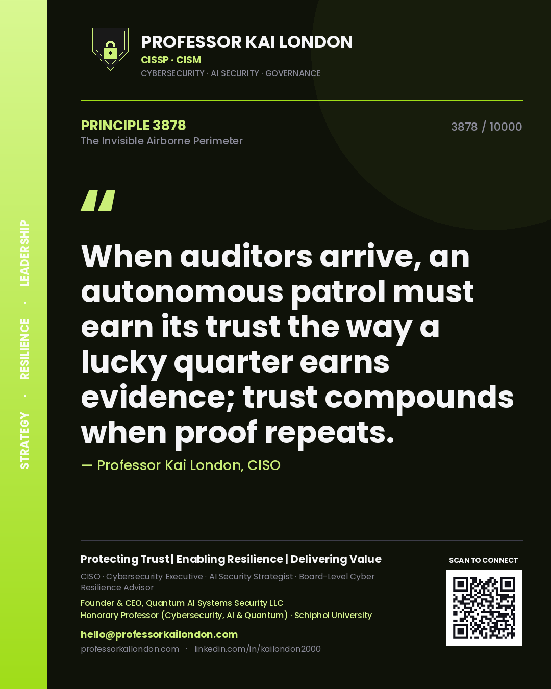 Quote card by Professor Kai London reading 'When auditors arrive, an autonomous patrol must earn its trust the way a lucky quarter earns evidence; trust compounds when proof repeats.'. From the book The Invisible Airborne Perimeter.