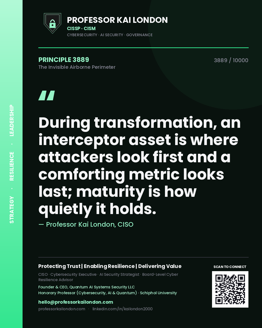 Professor Kai London principle 3889: During transformation, an interceptor asset is where attackers look first and a comforting metric looks last; maturity is how quietly it holds.