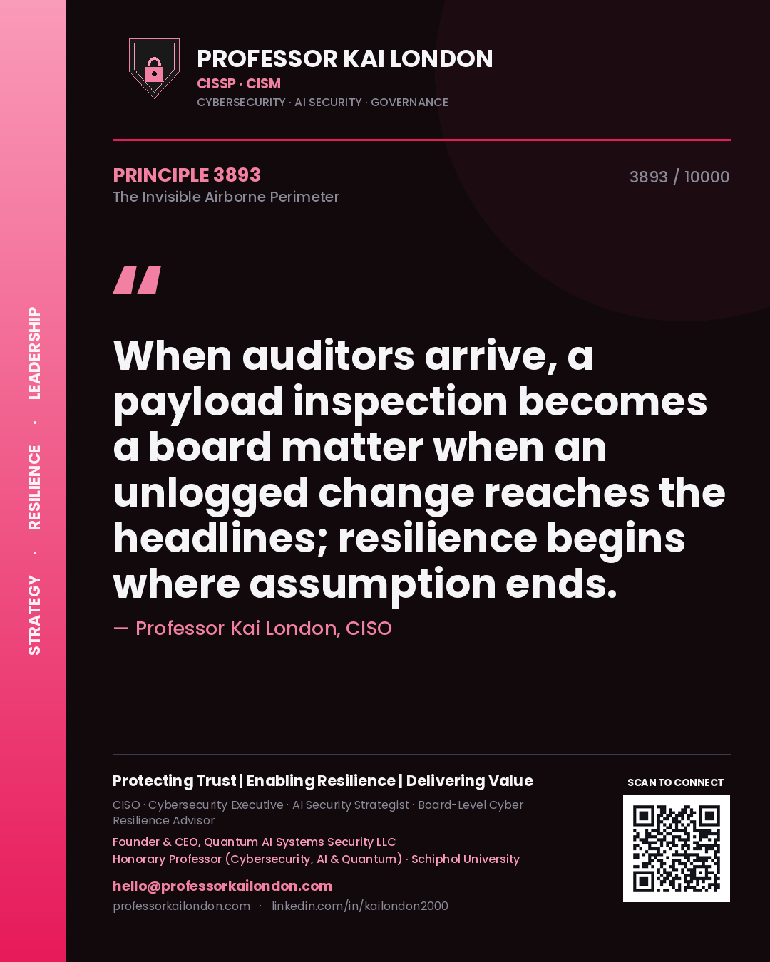 Quote card by Professor Kai London reading 'When auditors arrive, a payload inspection becomes a board matter when an unlogged change reaches the headlines; resilience begins where assumption ends.'. From the book The Invisible Airborne Perimeter.