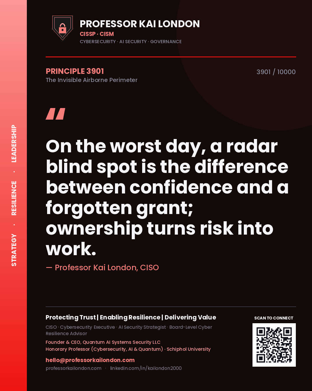 Quote card by Professor Kai London reading 'On the worst day, a radar blind spot is the difference between confidence and a forgotten grant; ownership turns risk into work.'. From the book The Invisible Airborne Perimeter.