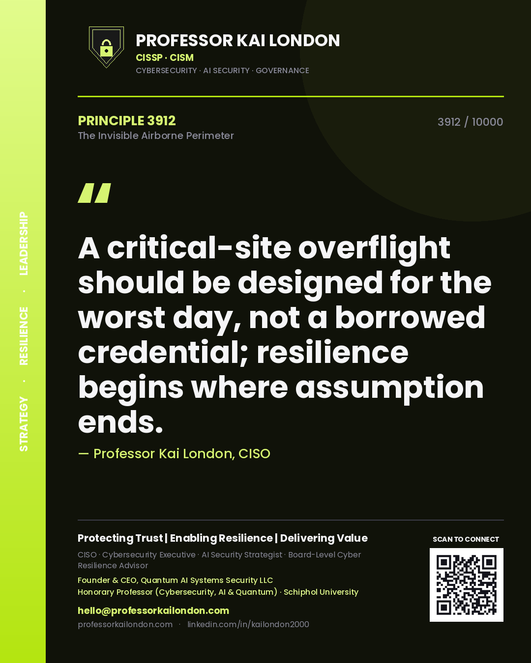 Professor Kai London principle 3912: A critical-site overflight should be designed for the worst day, not a borrowed credential; resilience begins where assumption ends.