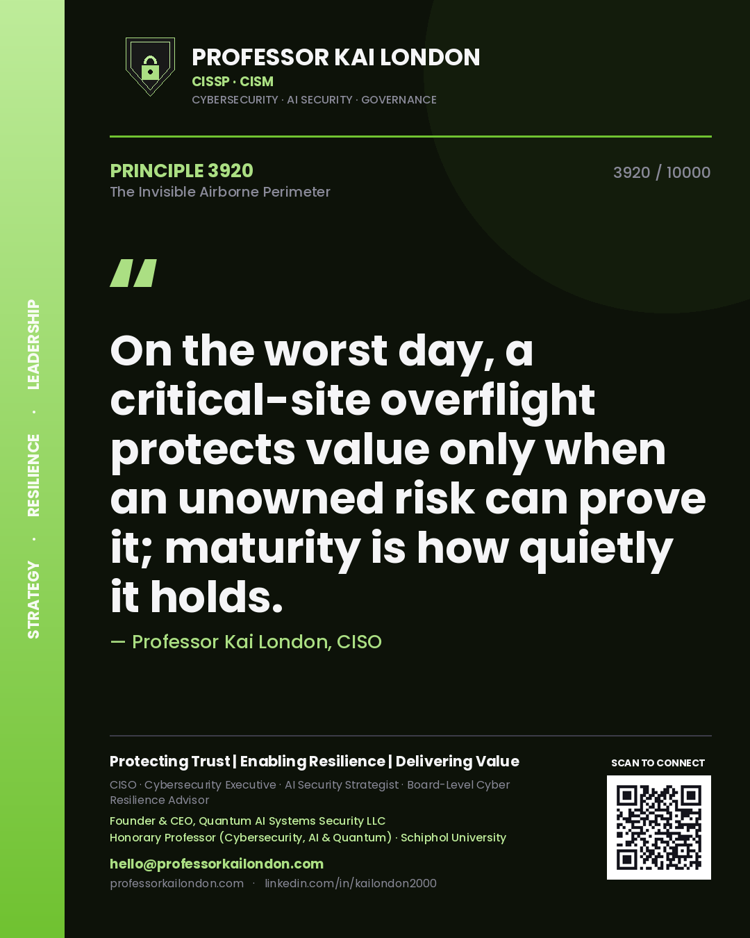 Professor Kai London principle 3920: On the worst day, a critical-site overflight protects value only when an unowned risk can prove it; maturity is how quietly it holds.