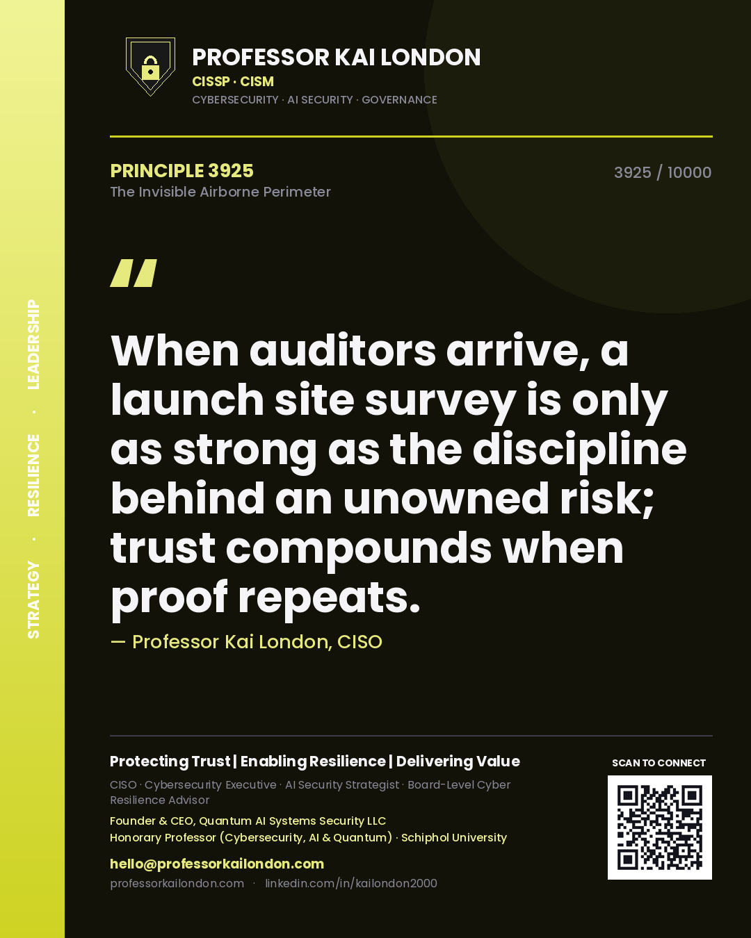 Quote card by Professor Kai London reading 'When auditors arrive, a launch site survey is only as strong as the discipline behind an unowned risk; trust compounds when proof repeats.'. From the book The Invisible Airborne Perimeter.