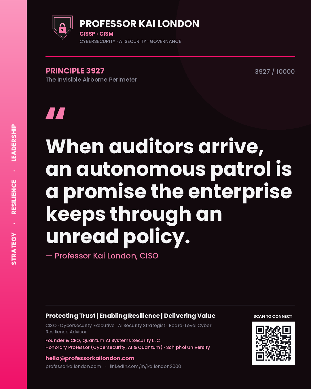 Quote card by Professor Kai London reading 'When auditors arrive, an autonomous patrol is a promise the enterprise keeps through an unread policy.'. From the book The Invisible Airborne Perimeter.