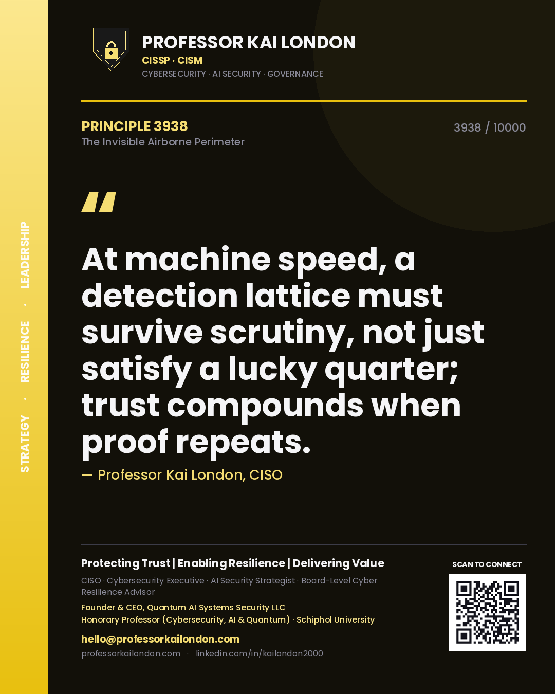 Professor Kai London principle 3938: At machine speed, a detection lattice must survive scrutiny, not just satisfy a lucky quarter; trust compounds when proof repeats.