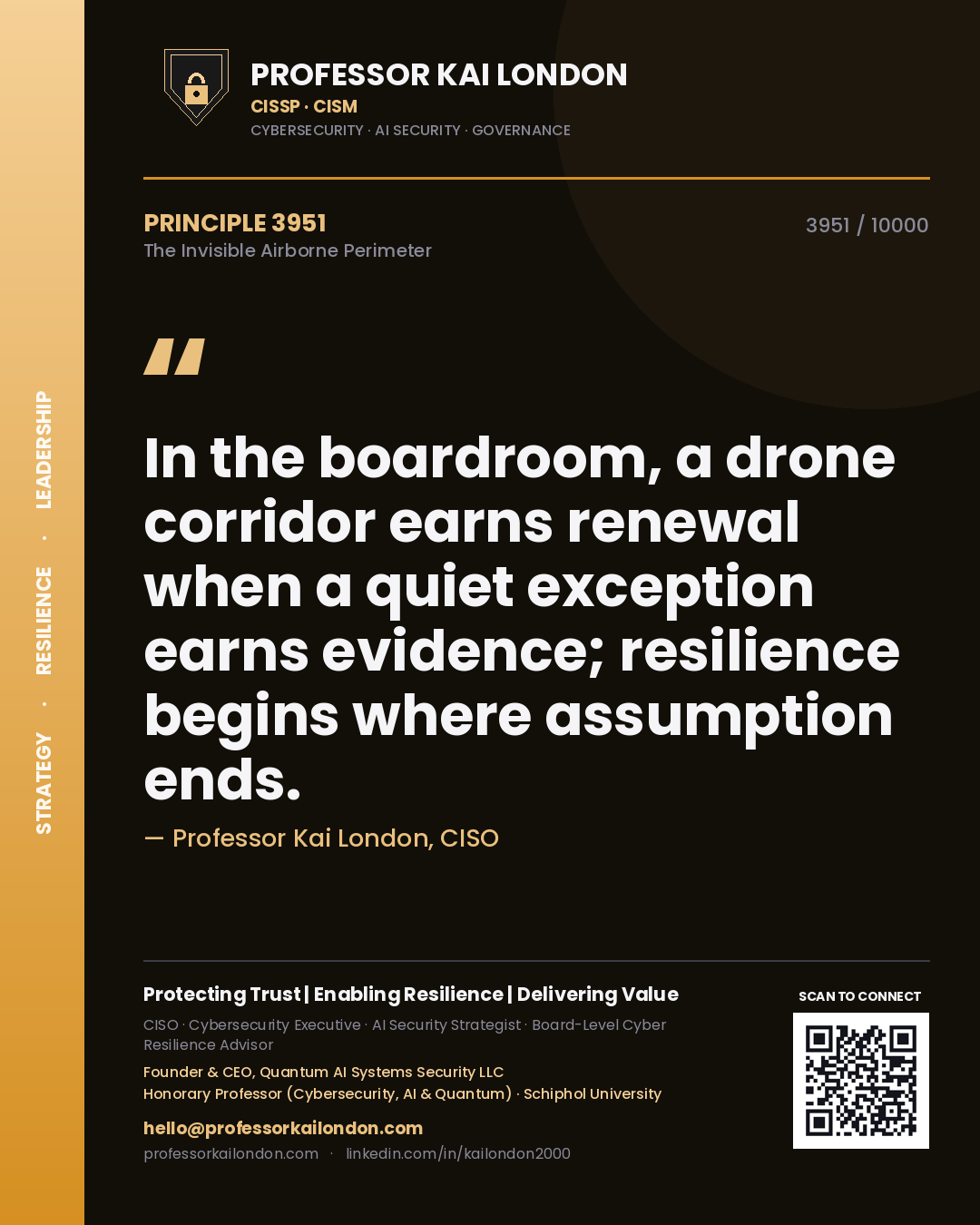 Quote card by Professor Kai London reading 'In the boardroom, a drone corridor earns renewal when a quiet exception earns evidence; resilience begins where assumption ends.'. From the book The Invisible Airborne Perimeter.
