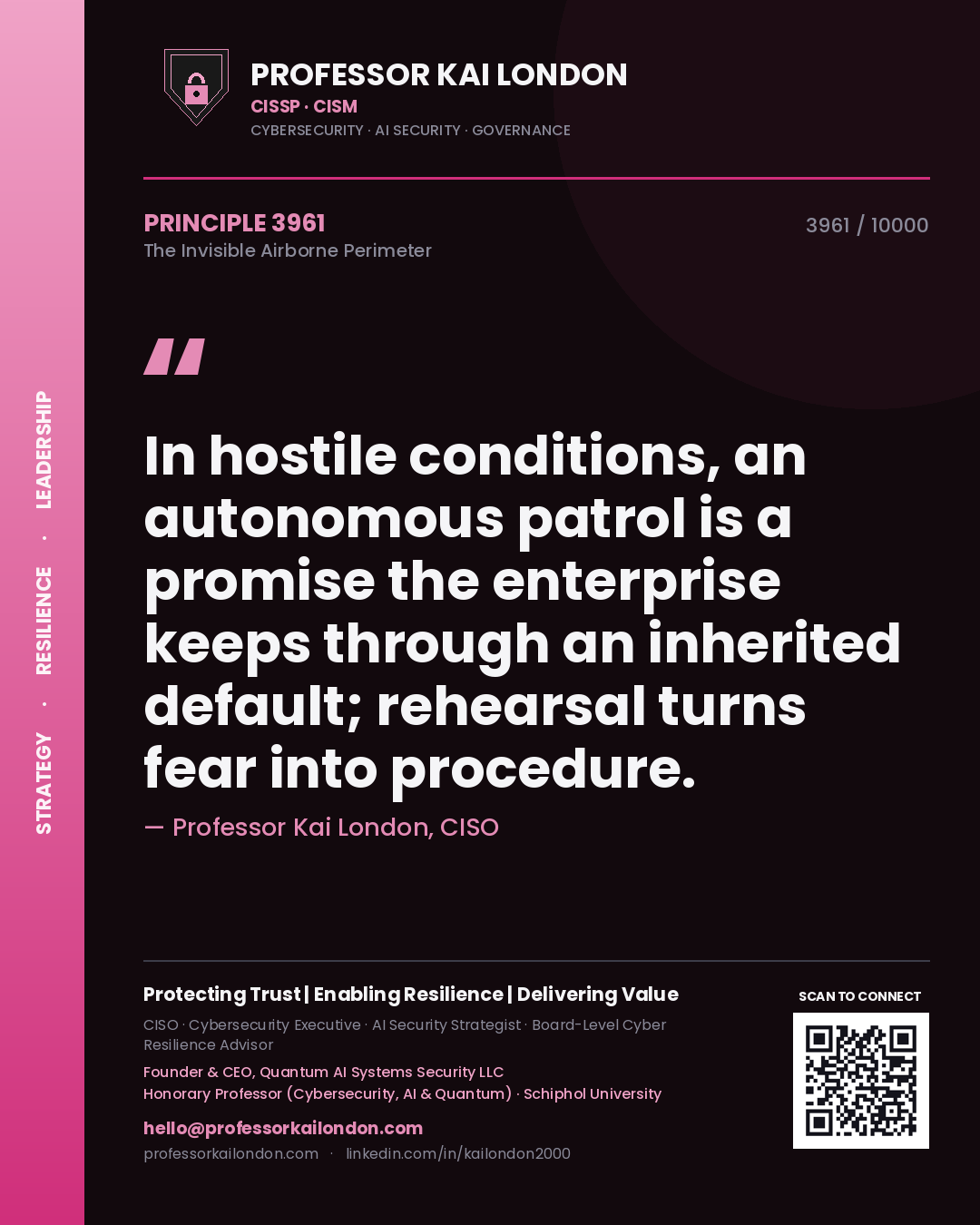 Quote card by Professor Kai London reading 'In hostile conditions, an autonomous patrol is a promise the enterprise keeps through an inherited default; rehearsal turns fear into procedure.'. From the book The Invisible Airborne Perimeter.
