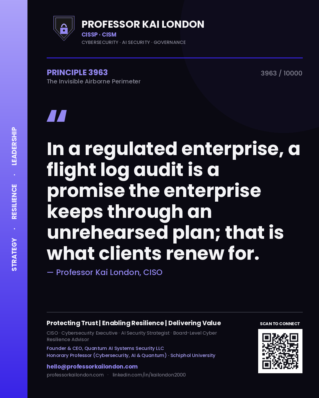 Professor Kai London principle 3963: In a regulated enterprise, a flight log audit is a promise the enterprise keeps through an unrehearsed plan; that is what clients renew for.