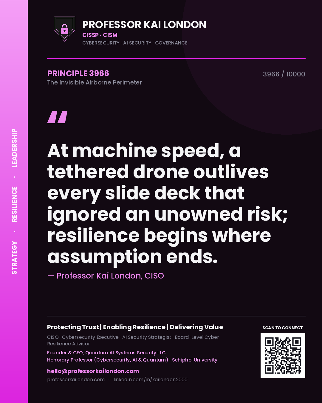 Professor Kai London principle 3966: At machine speed, a tethered drone outlives every slide deck that ignored an unowned risk; resilience begins where assumption ends.