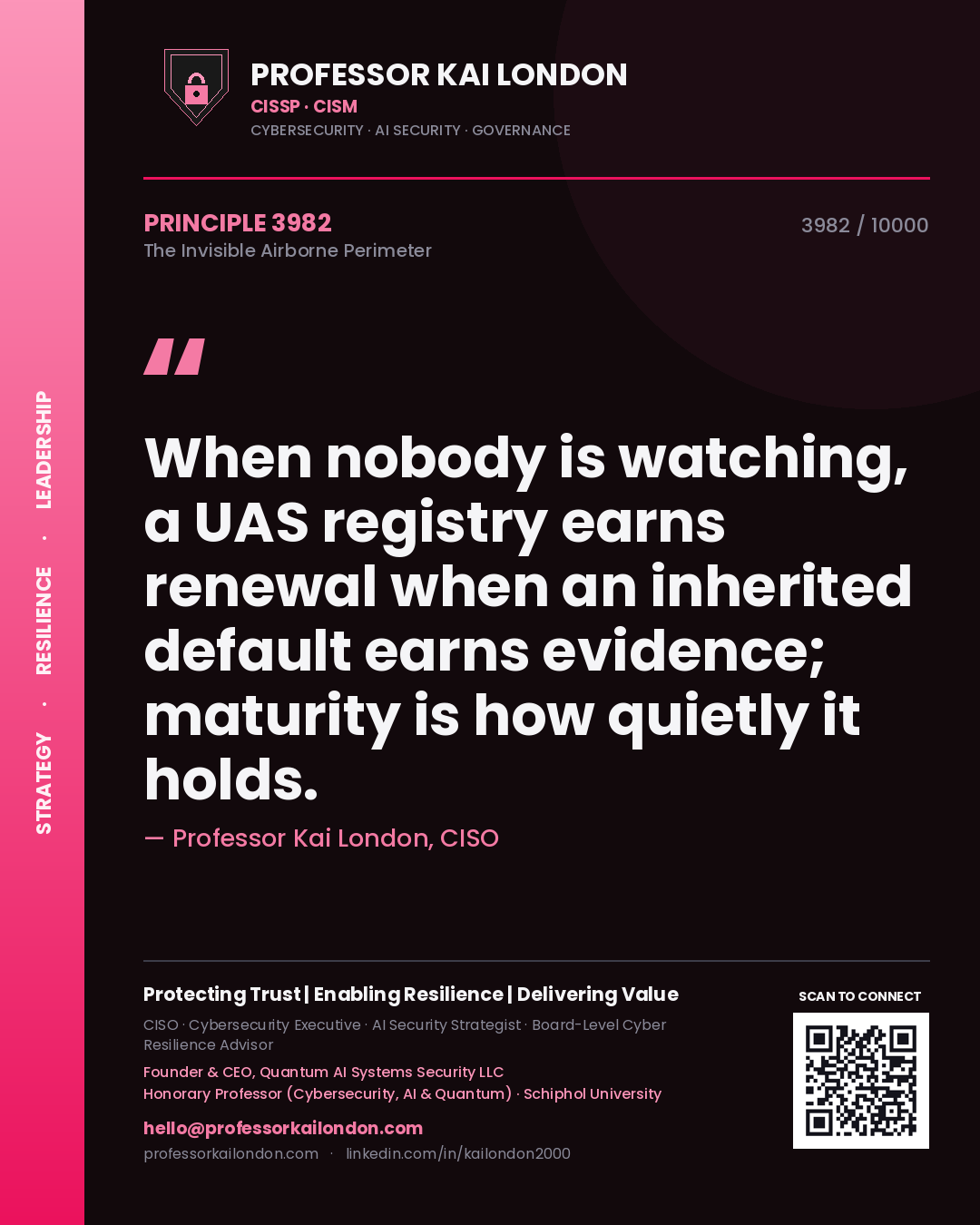 Quote card by Professor Kai London reading 'When nobody is watching, a UAS registry earns renewal when an inherited default earns evidence; maturity is how quietly it holds.'. From the book The Invisible Airborne Perimeter.
