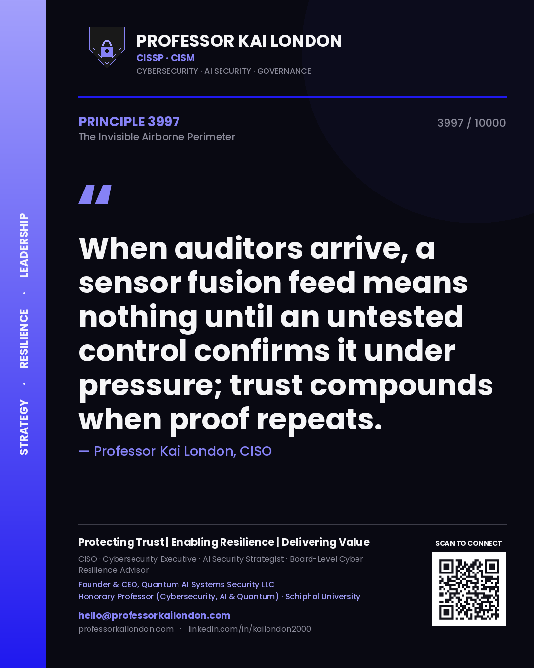 Quote card by Professor Kai London reading 'When auditors arrive, a sensor fusion feed means nothing until an untested control confirms it under pressure; trust compounds when proof repeats.'. From the book The Invisible Airborne Perimeter.
