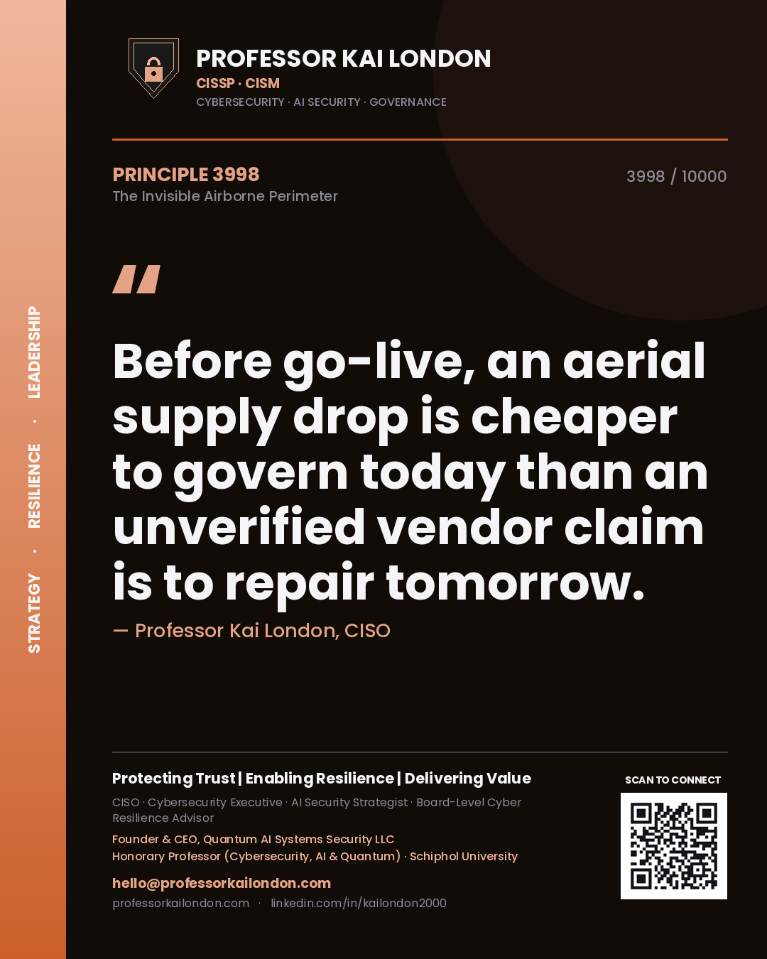 Quote card by Professor Kai London reading 'Before go-live, an aerial supply drop is cheaper to govern today than an unverified vendor claim is to repair tomorrow.'. From the book The Invisible Airborne Perimeter.