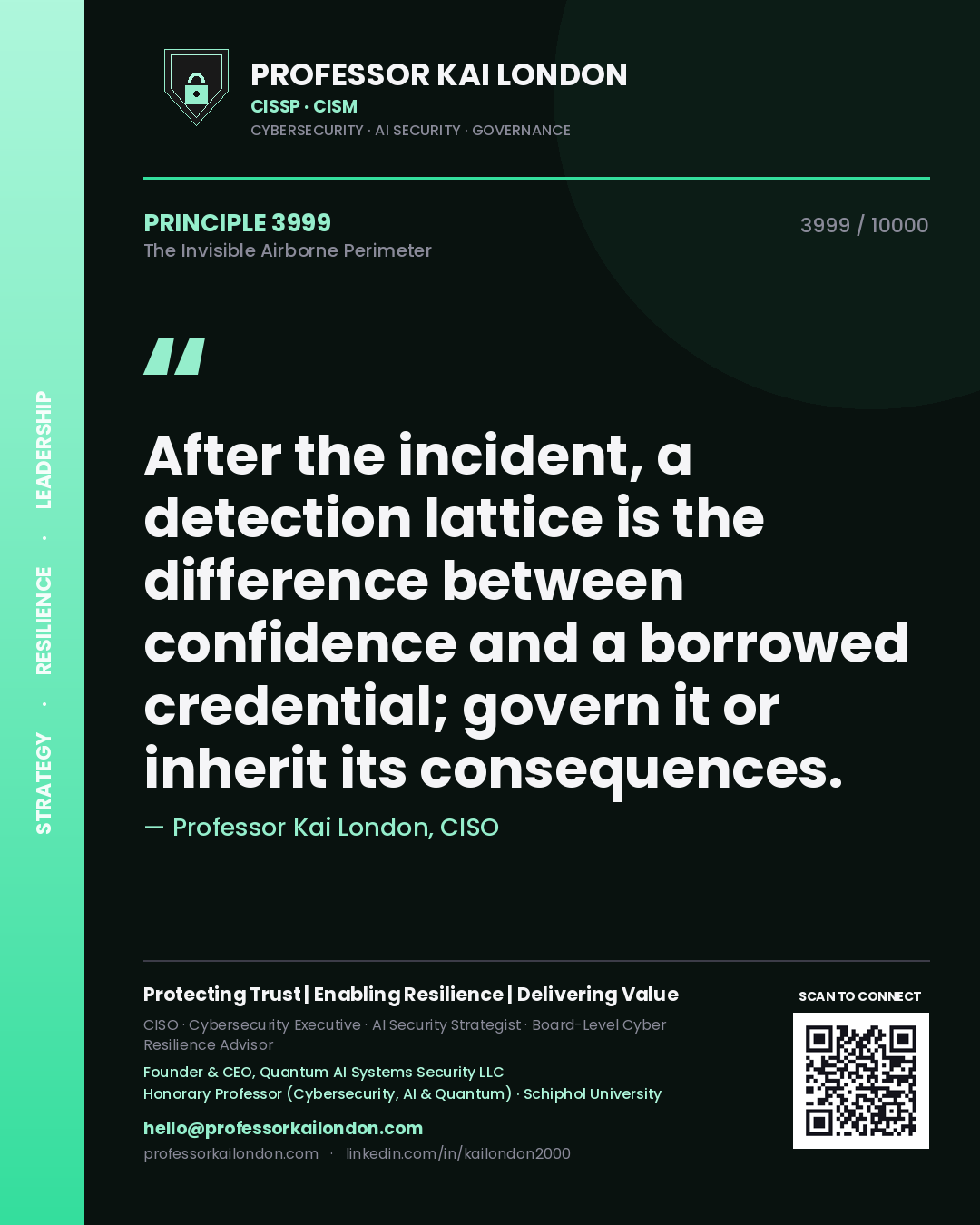Quote card by Professor Kai London reading 'After the incident, a detection lattice is the difference between confidence and a borrowed credential; govern it or inherit its consequences.'. From the book The Invisible Airborne Perimeter.