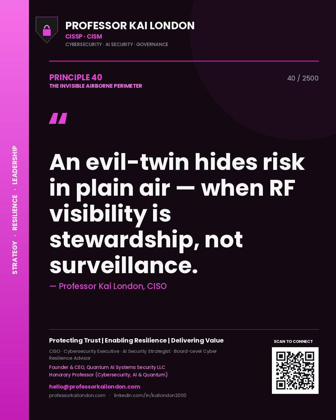 Professor Kai London principle 40: An evil-twin hides risk in plain air — when RF visibility is stewardship, not surveillance.