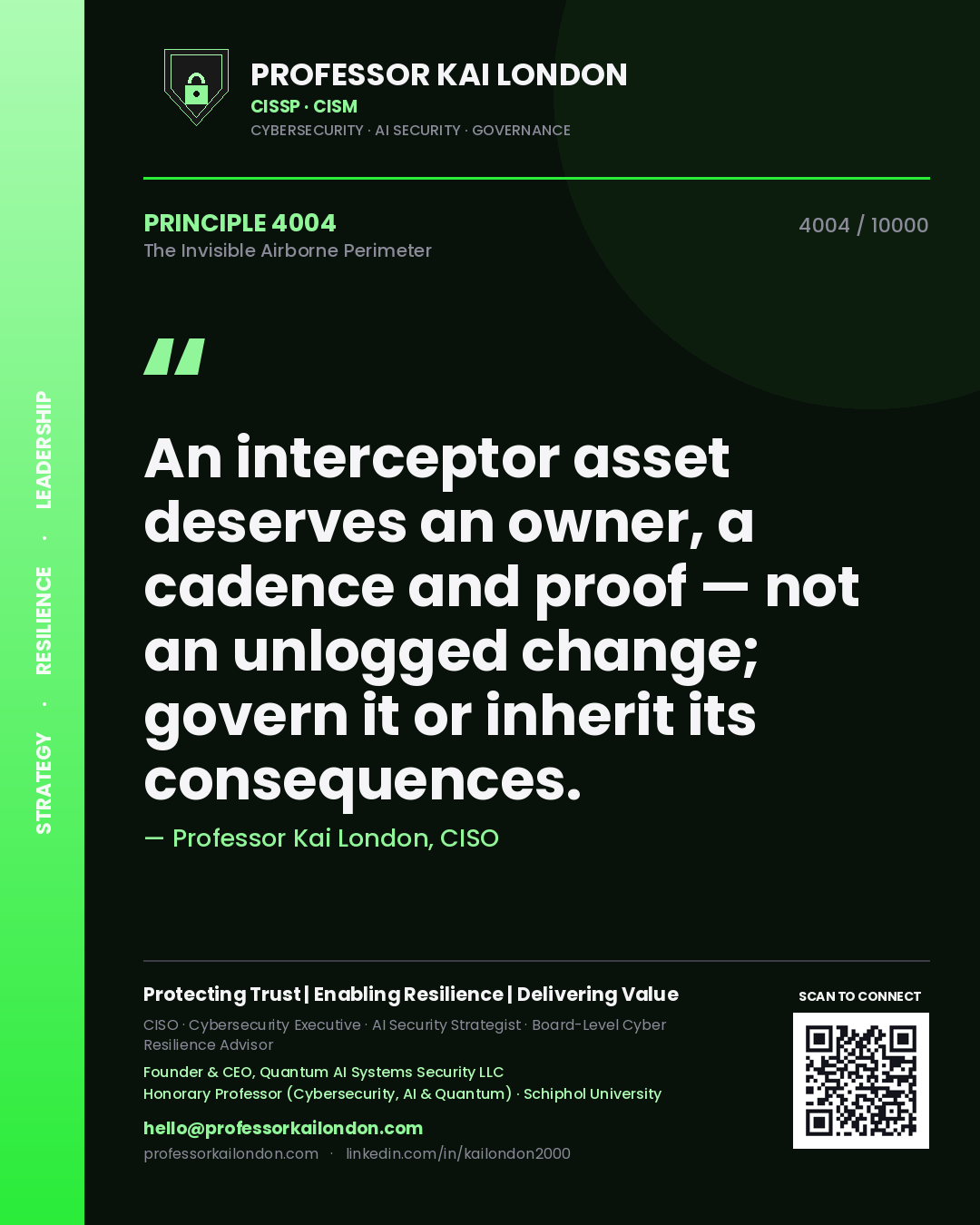 Quote card by Professor Kai London reading 'An interceptor asset deserves an owner, a cadence and proof — not an unlogged change; govern it or inherit its consequences.'. From the book The Invisible Airborne Perimeter.