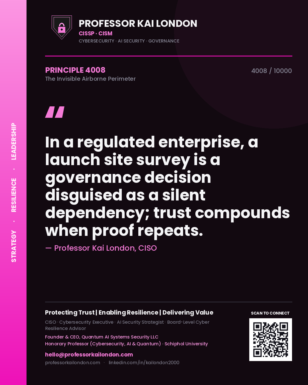 Professor Kai London principle 4008: In a regulated enterprise, a launch site survey is a governance decision disguised as a silent dependency; trust compounds when proof repeats.