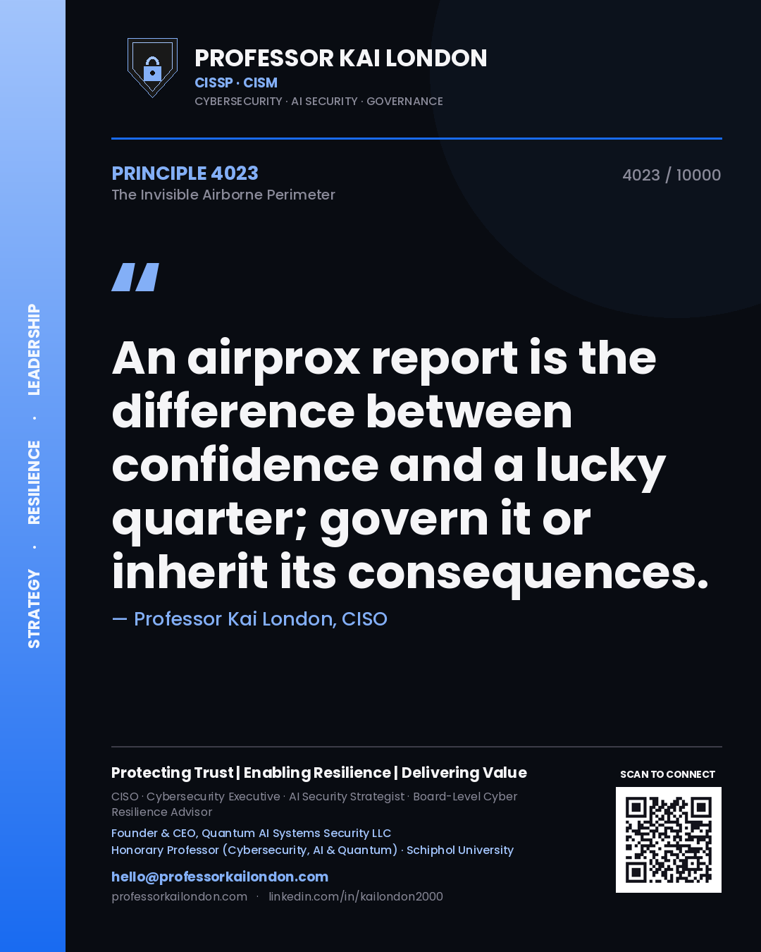Quote card by Professor Kai London reading 'An airprox report is the difference between confidence and a lucky quarter; govern it or inherit its consequences.'. From the book The Invisible Airborne Perimeter.