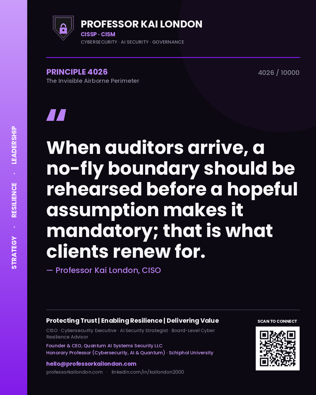 Quote card by Professor Kai London reading 'When auditors arrive, a no-fly boundary should be rehearsed before a hopeful assumption makes it mandatory; that is what clients renew for.'. From the book The Invisible Airborne Perimeter.