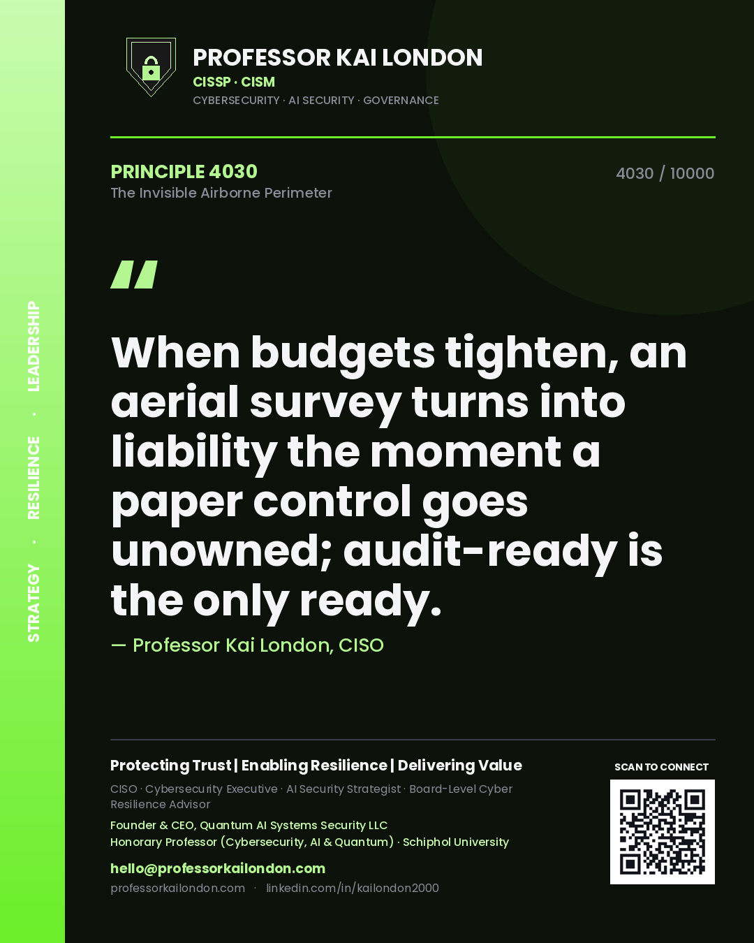 Professor Kai London principle 4030: When budgets tighten, an aerial survey turns into liability the moment a paper control goes unowned; audit-ready is the only ready.
