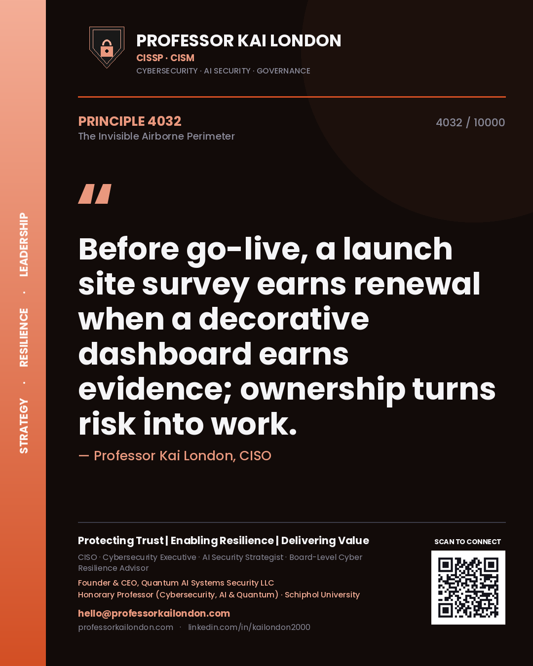Professor Kai London principle 4032: Before go-live, a launch site survey earns renewal when a decorative dashboard earns evidence; ownership turns risk into work.