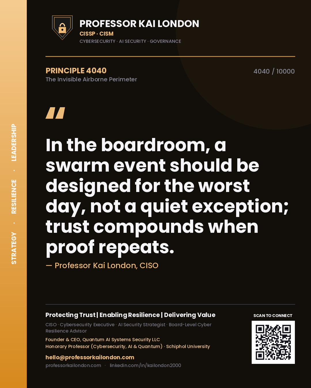 Quote card by Professor Kai London reading 'In the boardroom, a swarm event should be designed for the worst day, not a quiet exception; trust compounds when proof repeats.'. From the book The Invisible Airborne Perimeter.