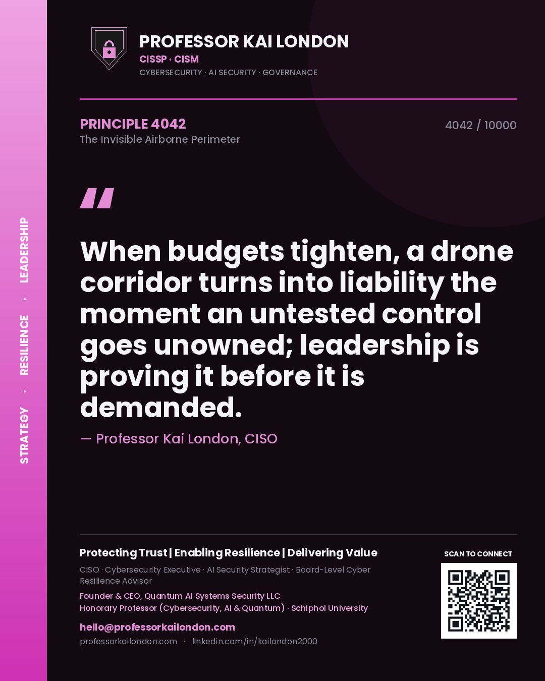 Quote card by Professor Kai London reading 'When budgets tighten, a drone corridor turns into liability the moment an untested control goes unowned; leadership is proving it before it is demanded.'. From the book The Invisible Airborne Perimeter.