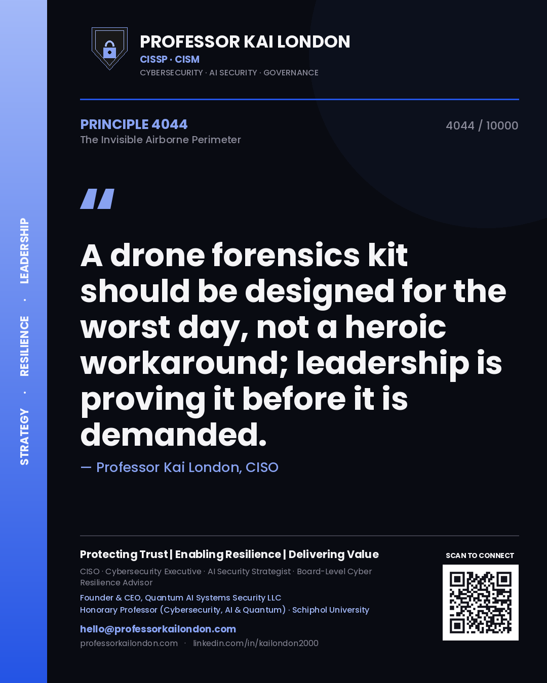 Quote card by Professor Kai London reading 'A drone forensics kit should be designed for the worst day, not a heroic workaround; leadership is proving it before it is demanded.'. From the book The Invisible Airborne Perimeter.