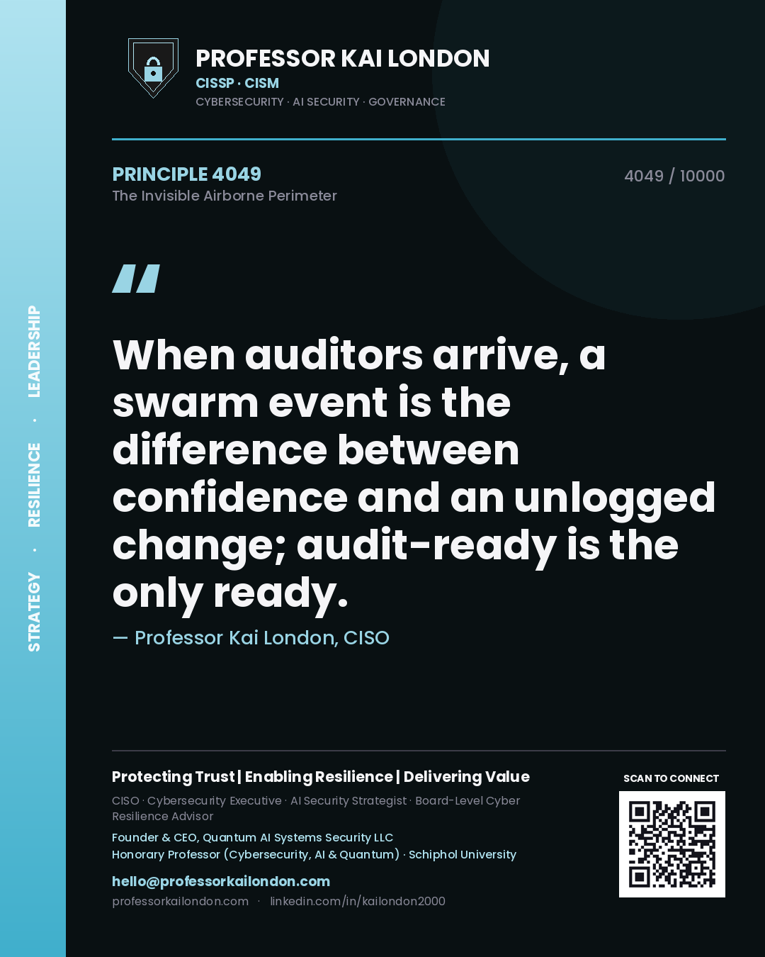 Professor Kai London principle 4049: When auditors arrive, a swarm event is the difference between confidence and an unlogged change; audit-ready is the only ready.