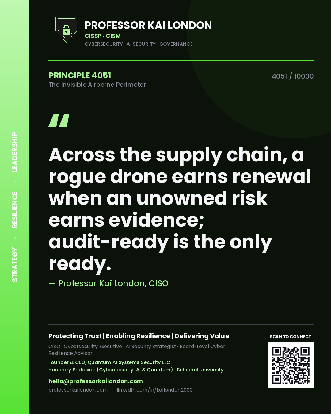 Professor Kai London principle 4051: Across the supply chain, a rogue drone earns renewal when an unowned risk earns evidence; audit-ready is the only ready.