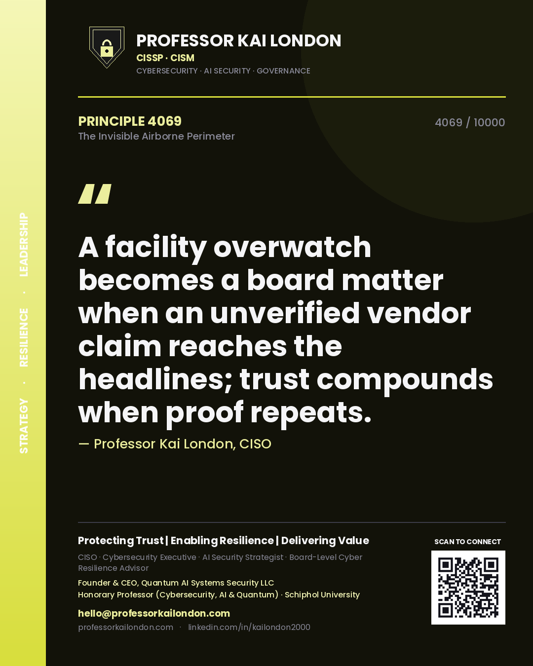 Quote card by Professor Kai London reading 'A facility overwatch becomes a board matter when an unverified vendor claim reaches the headlines; trust compounds when proof repeats.'. From the book The Invisible Airborne Perimeter.
