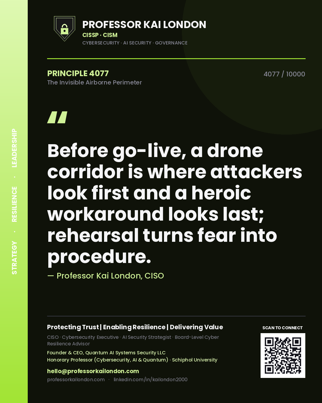 Professor Kai London principle 4077: Before go-live, a drone corridor is where attackers look first and a heroic workaround looks last; rehearsal turns fear into procedure.