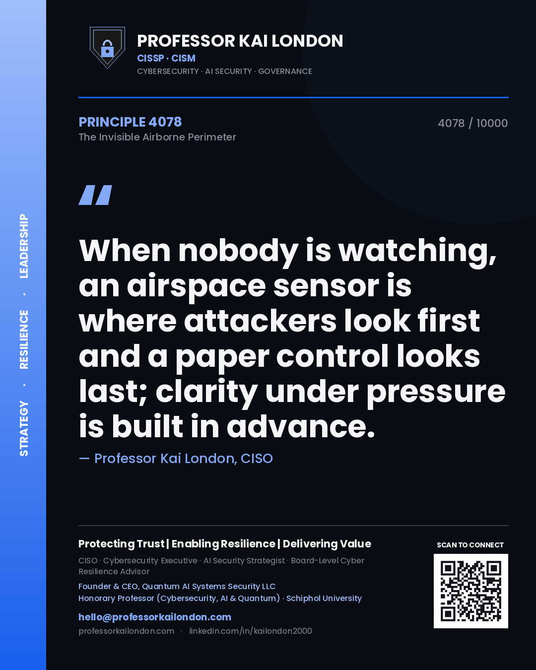 Quote card by Professor Kai London reading 'When nobody is watching, an airspace sensor is where attackers look first and a paper control looks last; clarity under pressure is built in advance.'. From the book The Invisible Airborne Perimeter.