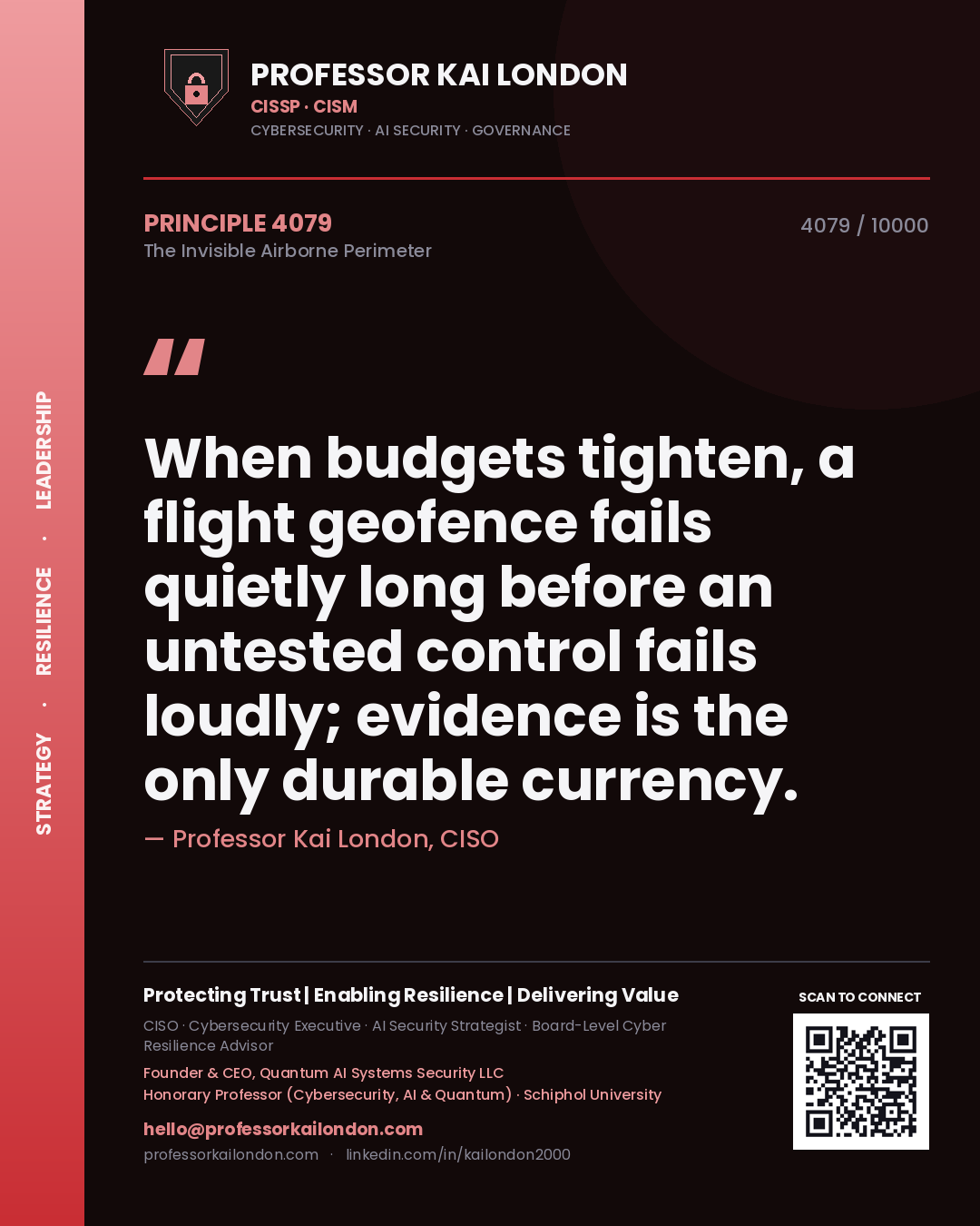 Quote card by Professor Kai London reading 'When budgets tighten, a flight geofence fails quietly long before an untested control fails loudly; evidence is the only durable currency.'. From the book The Invisible Airborne Perimeter.