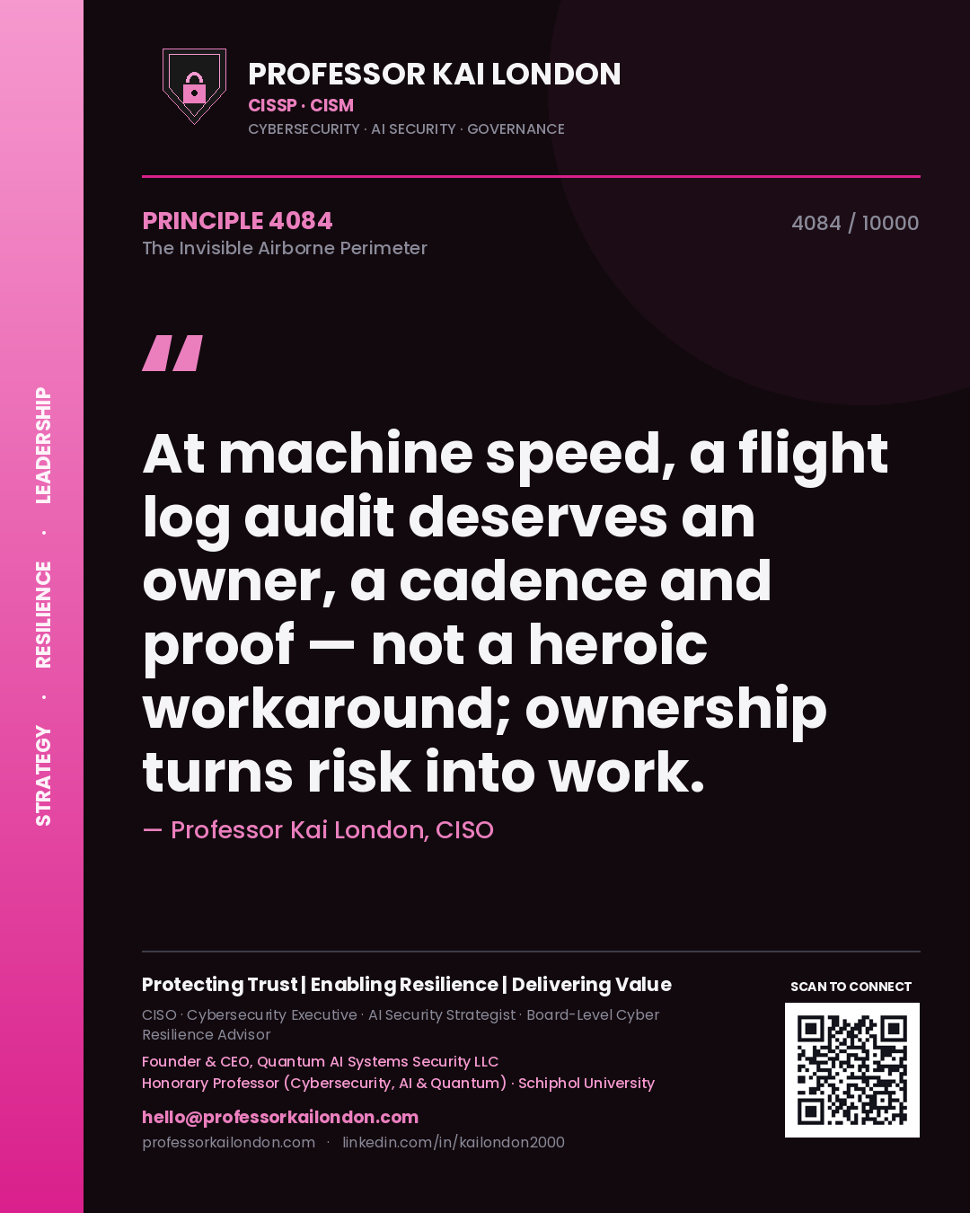 Professor Kai London principle 4084: At machine speed, a flight log audit deserves an owner, a cadence and proof — not a heroic workaround; ownership turns risk into work.