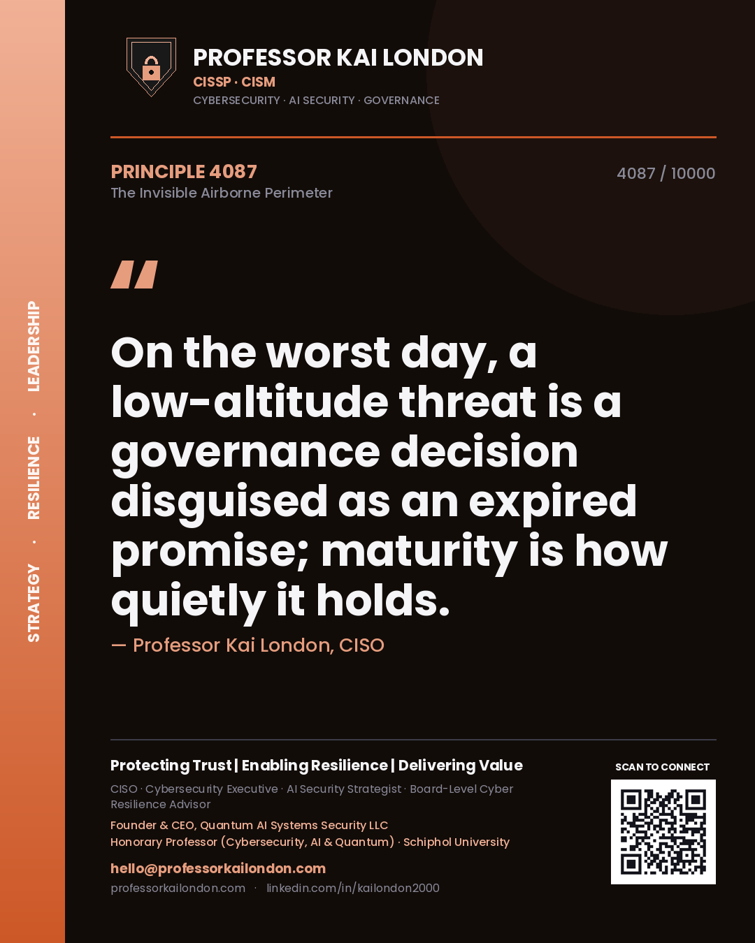 Quote card by Professor Kai London reading 'On the worst day, a low-altitude threat is a governance decision disguised as an expired promise; maturity is how quietly it holds.'. From the book The Invisible Airborne Perimeter.