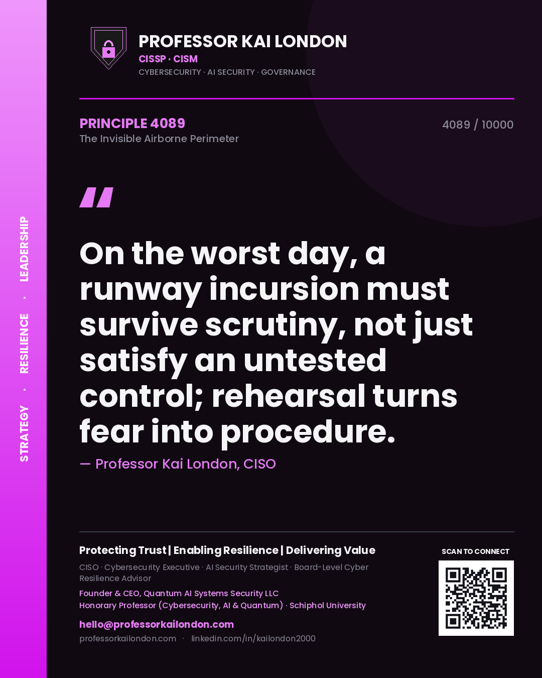 Professor Kai London principle 4089: On the worst day, a runway incursion must survive scrutiny, not just satisfy an untested control; rehearsal turns fear into procedure.