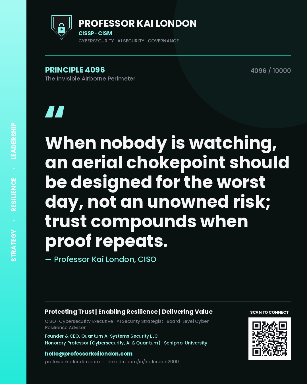 Professor Kai London principle 4096: When nobody is watching, an aerial chokepoint should be designed for the worst day, not an unowned risk; trust compounds when proof repeats.