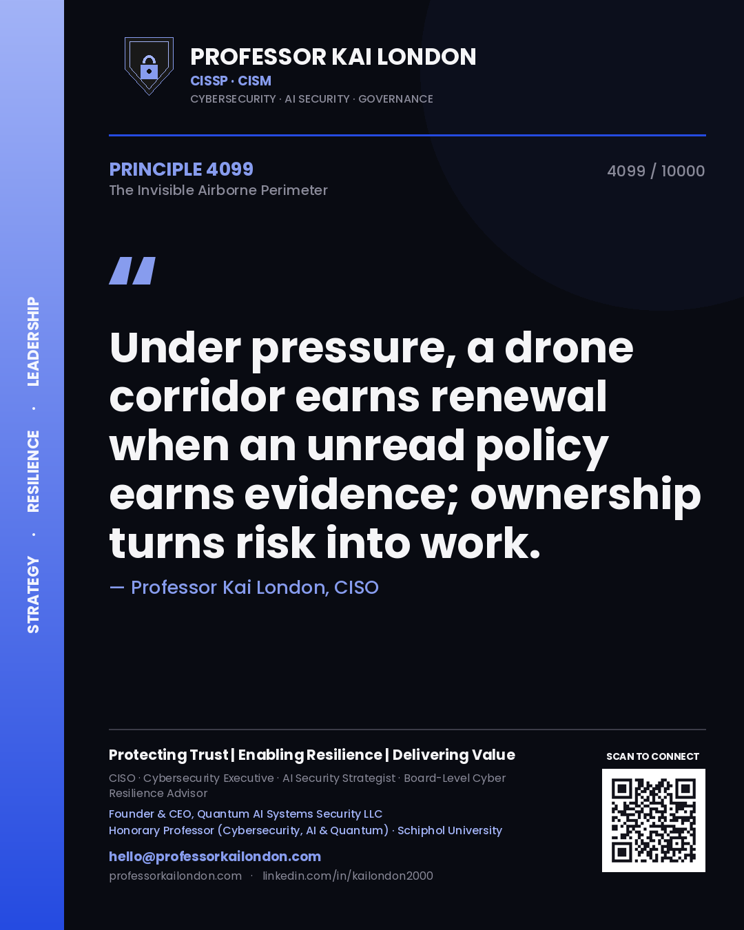 Quote card by Professor Kai London reading 'Under pressure, a drone corridor earns renewal when an unread policy earns evidence; ownership turns risk into work.'. From the book The Invisible Airborne Perimeter.