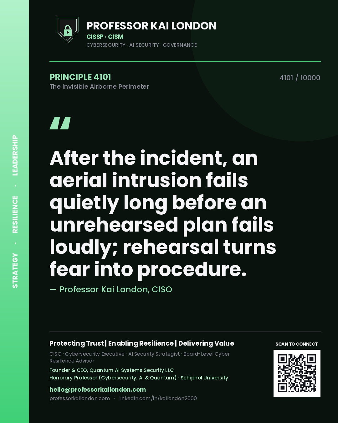 Professor Kai London principle 4101: After the incident, an aerial intrusion fails quietly long before an unrehearsed plan fails loudly; rehearsal turns fear into procedure.