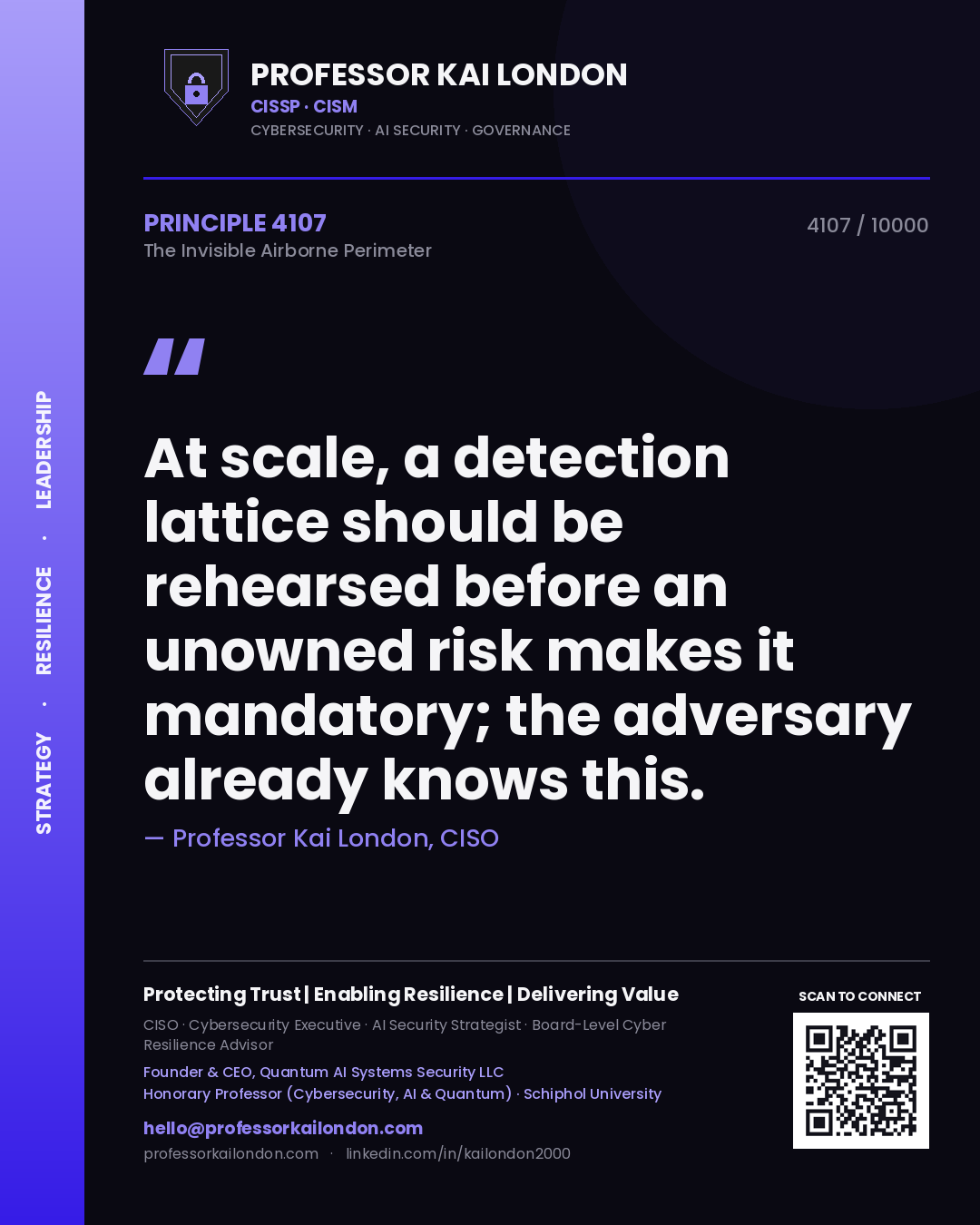 Quote card by Professor Kai London reading 'At scale, a detection lattice should be rehearsed before an unowned risk makes it mandatory; the adversary already knows this.'. From the book The Invisible Airborne Perimeter.