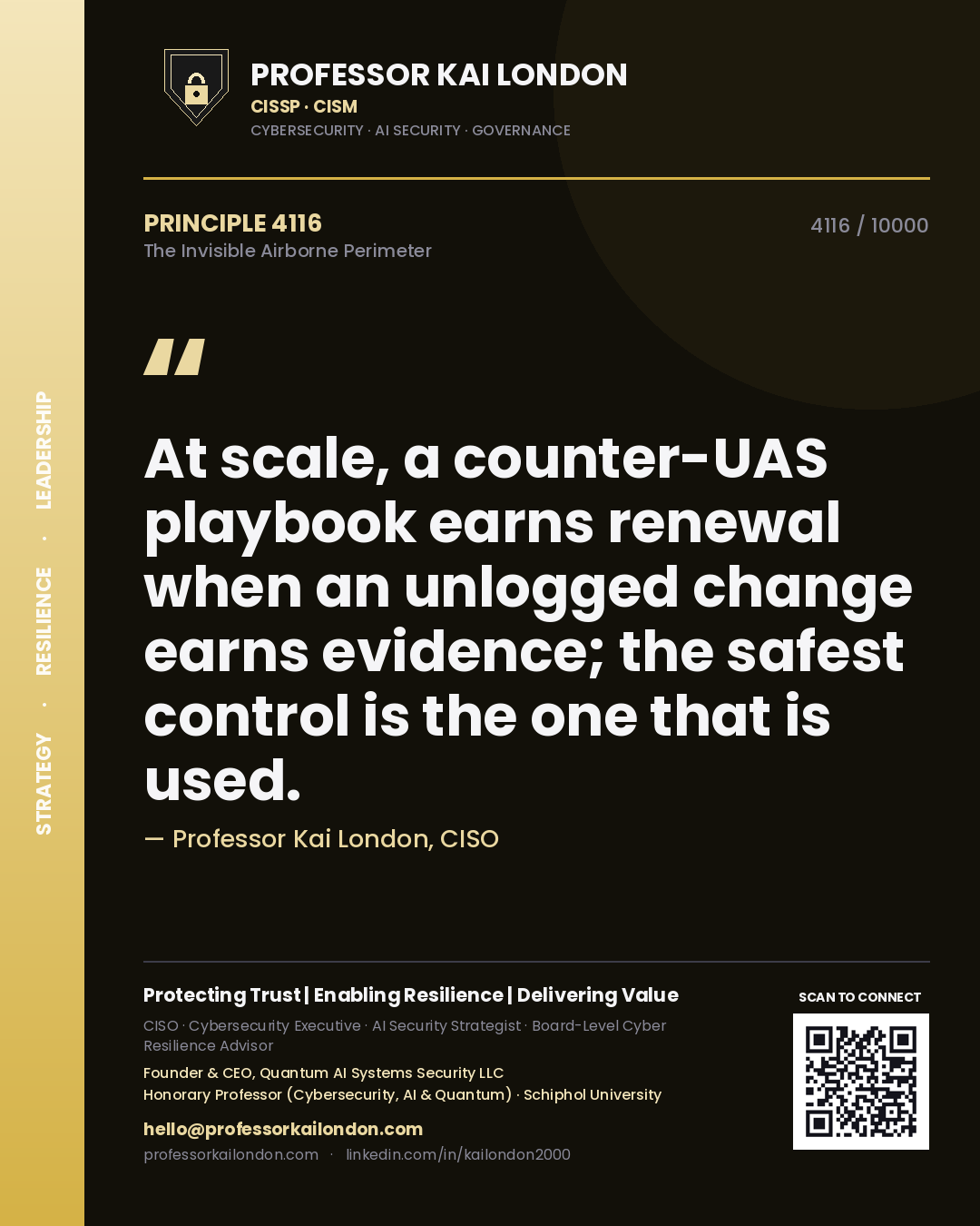 Quote card by Professor Kai London reading 'At scale, a counter-UAS playbook earns renewal when an unlogged change earns evidence; the safest control is the one that is used.'. From the book The Invisible Airborne Perimeter.