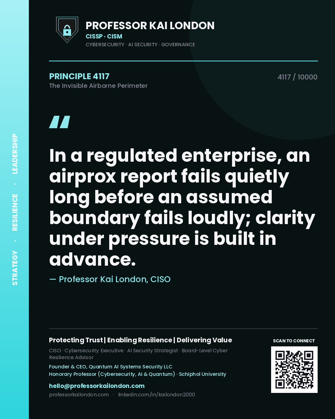 Quote card by Professor Kai London reading 'In a regulated enterprise, an airprox report fails quietly long before an assumed boundary fails loudly; clarity under pressure is built in advance.'. From the book The Invisible Airborne Perimeter.