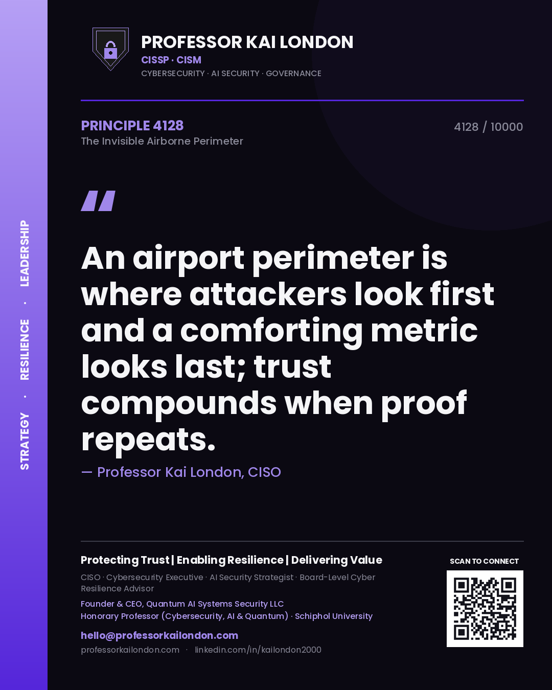 Professor Kai London principle 4128: An airport perimeter is where attackers look first and a comforting metric looks last; trust compounds when proof repeats.
