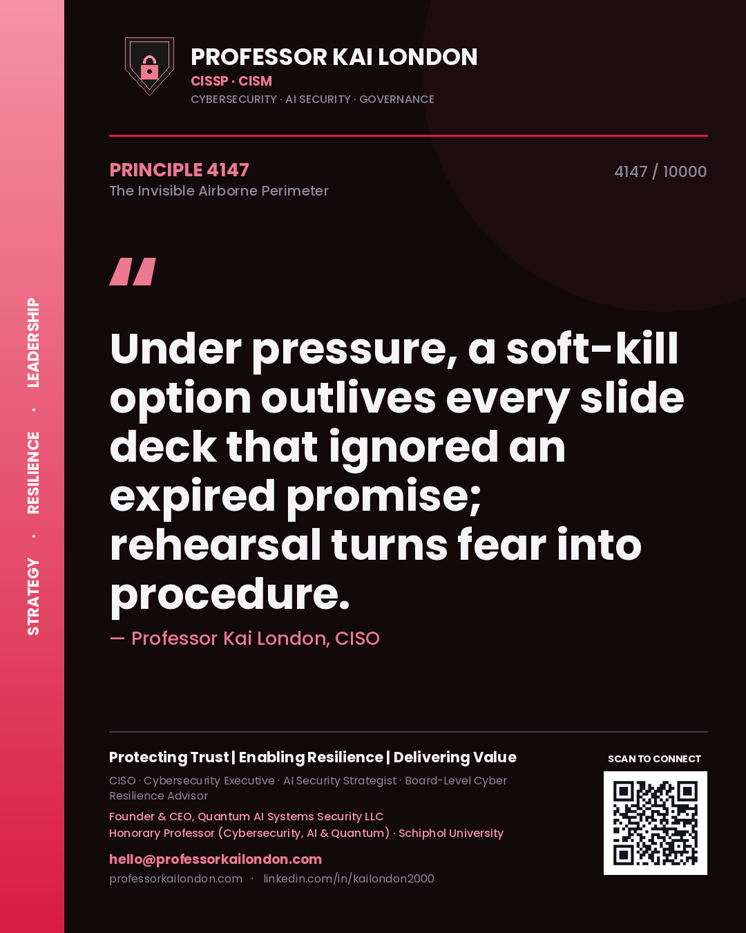 Professor Kai London principle 4147: Under pressure, a soft-kill option outlives every slide deck that ignored an expired promise; rehearsal turns fear into procedure.