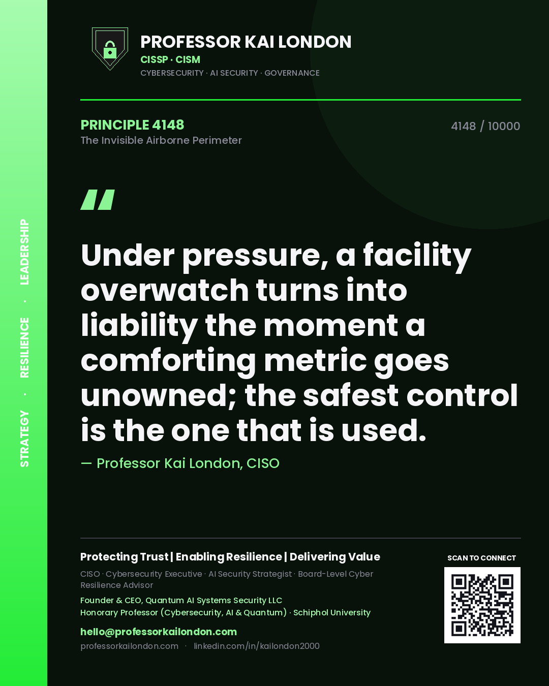 Professor Kai London principle 4148: Under pressure, a facility overwatch turns into liability the moment a comforting metric goes unowned; the safest control is the one that is used.