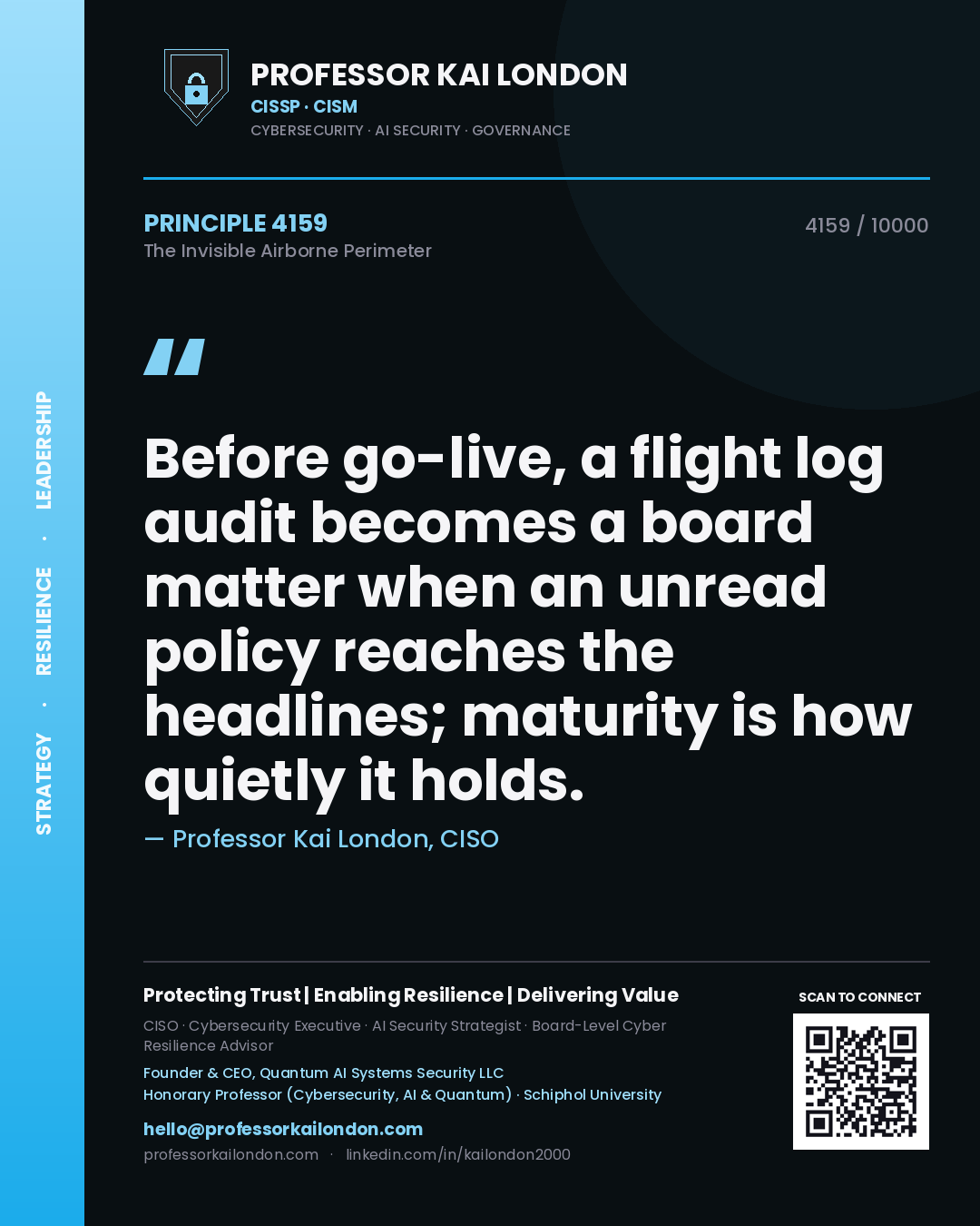 Professor Kai London principle 4159: Before go-live, a flight log audit becomes a board matter when an unread policy reaches the headlines; maturity is how quietly it holds.