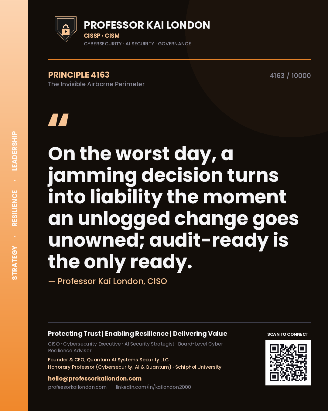 Quote card by Professor Kai London reading 'On the worst day, a jamming decision turns into liability the moment an unlogged change goes unowned; audit-ready is the only ready.'. From the book The Invisible Airborne Perimeter.